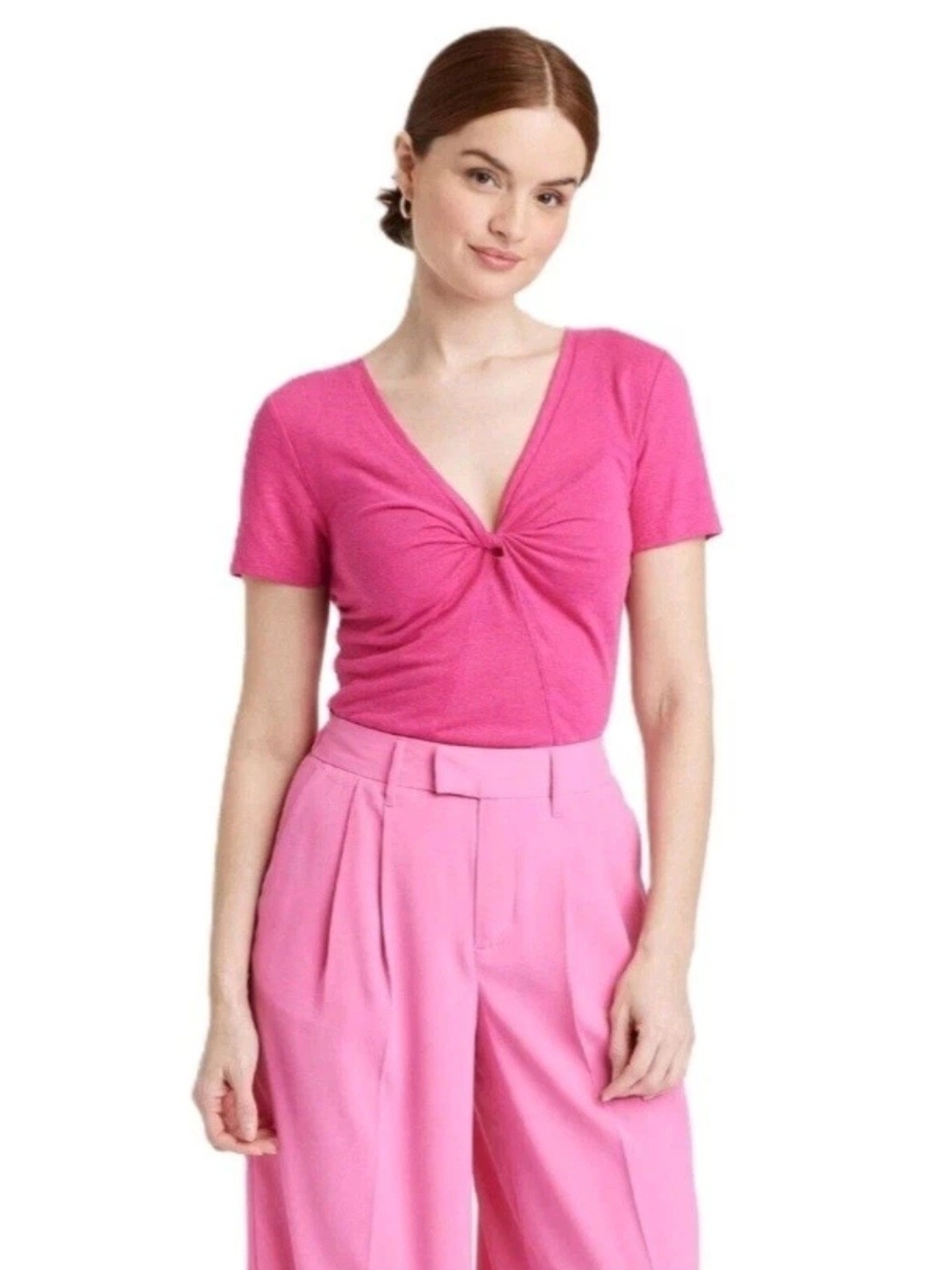 A New Day Deep Pink Twisted V-Neck Linen Short Sleeve T-Shirt SIZE SMALL
